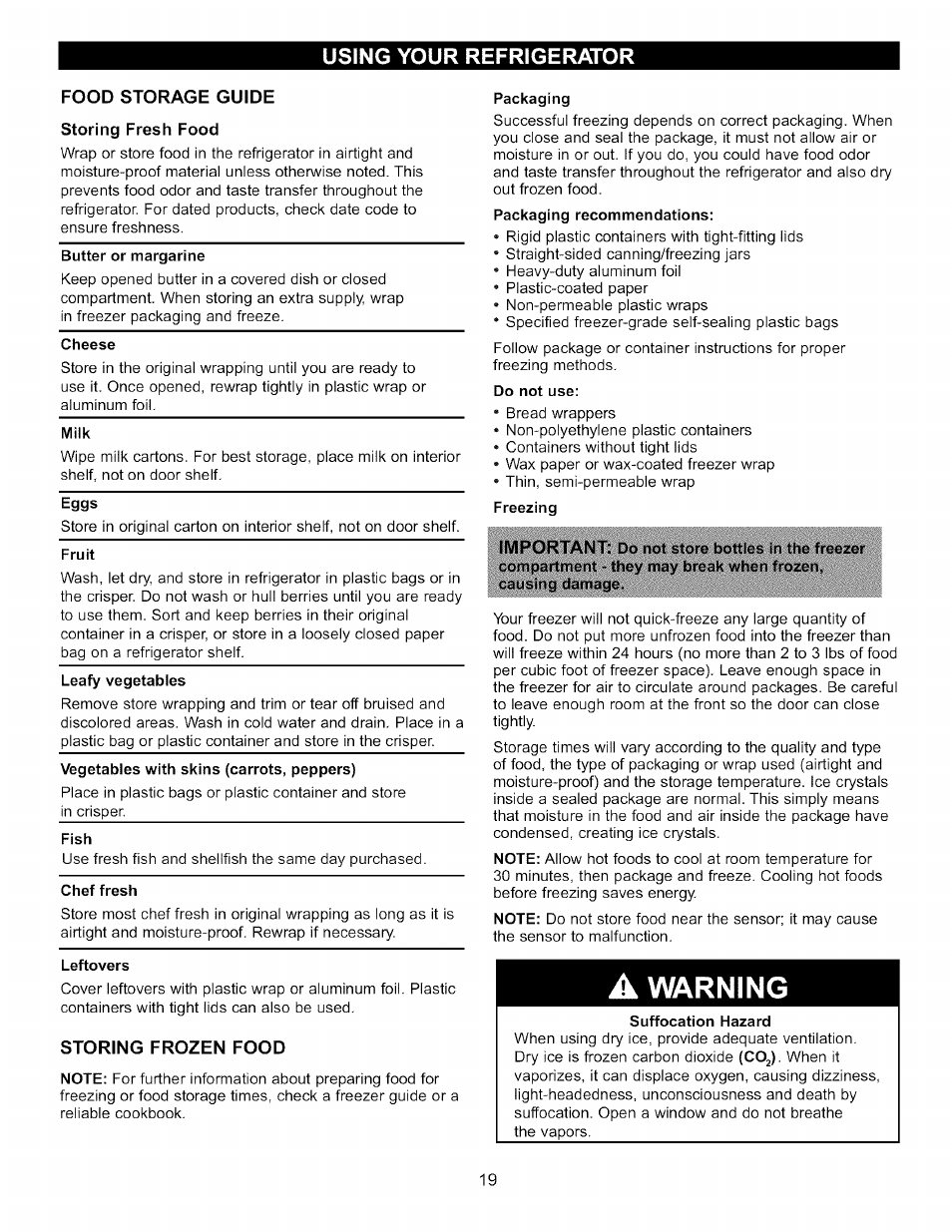 Storing frozen food, Warning | LG LFC22760 User Manual | Page 19 / 35