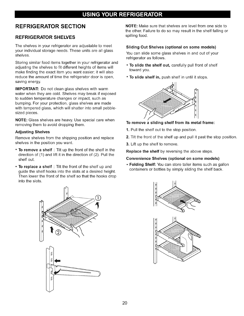 Refrigerator section, Refrigerator shelves | LG LFC22760 User Manual | Page 20 / 35