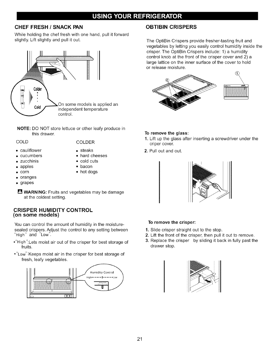 Chef fresh / snack fan, Obtibin crispers, Crisper humidity control (on some models) | LG LFC22760 User Manual | Page 21 / 35