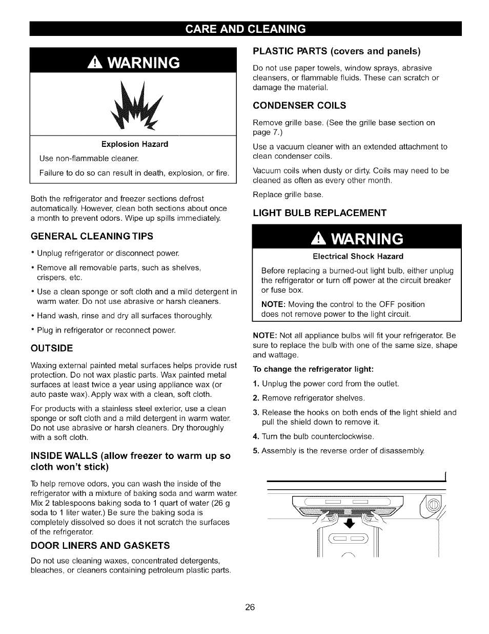 General cleaning tips, Outside, Door liners and gaskets | Plastic parts (covers and panels), Condenser coils, Warning | LG LFC22760 User Manual | Page 26 / 35