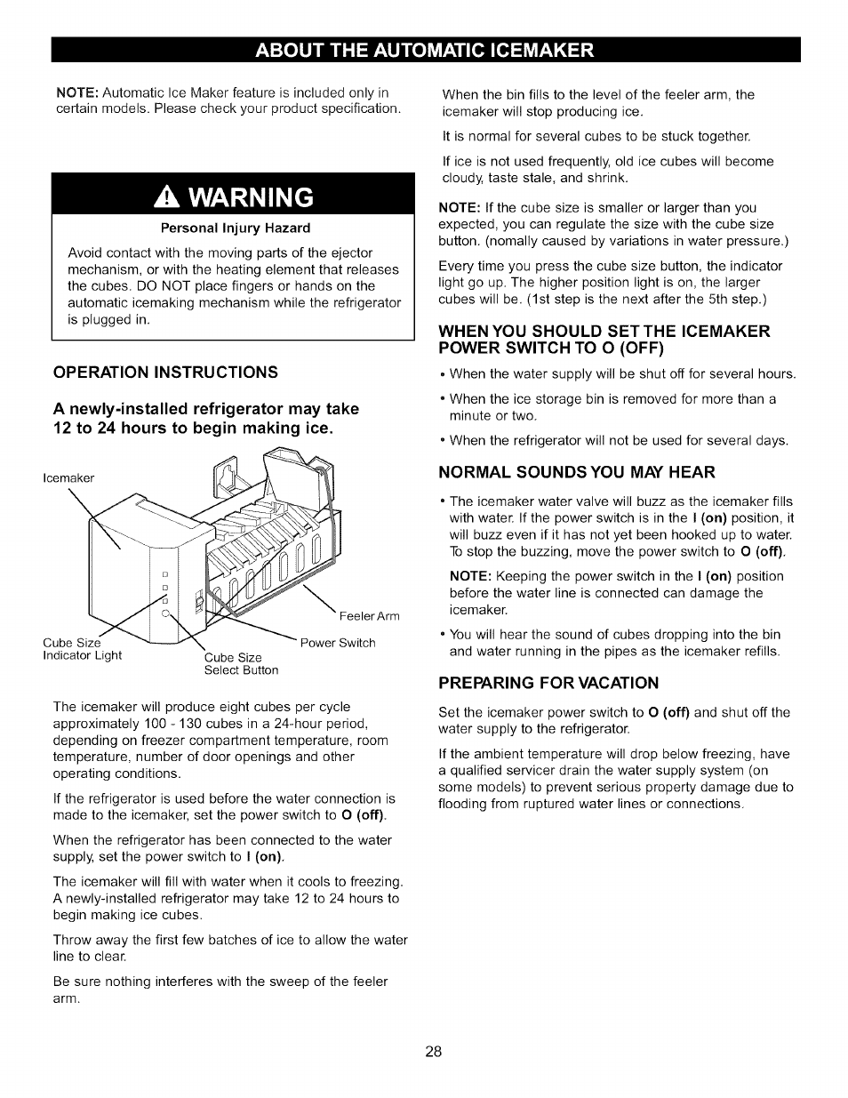 About the automatic icemaker, Operation instructions, Normal sounds you may hear | Preparing for vacation, Warning | LG LFC22760 User Manual | Page 28 / 35