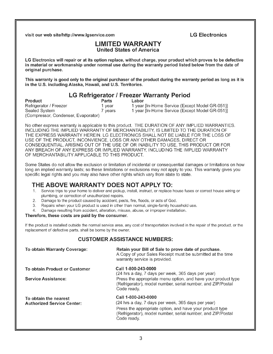 United states of america, Customer assistance numbers, Limited warranty | Lg refrigerator / freezer warranty period, The above warranty does not apply to | LG LFC22760 User Manual | Page 3 / 35