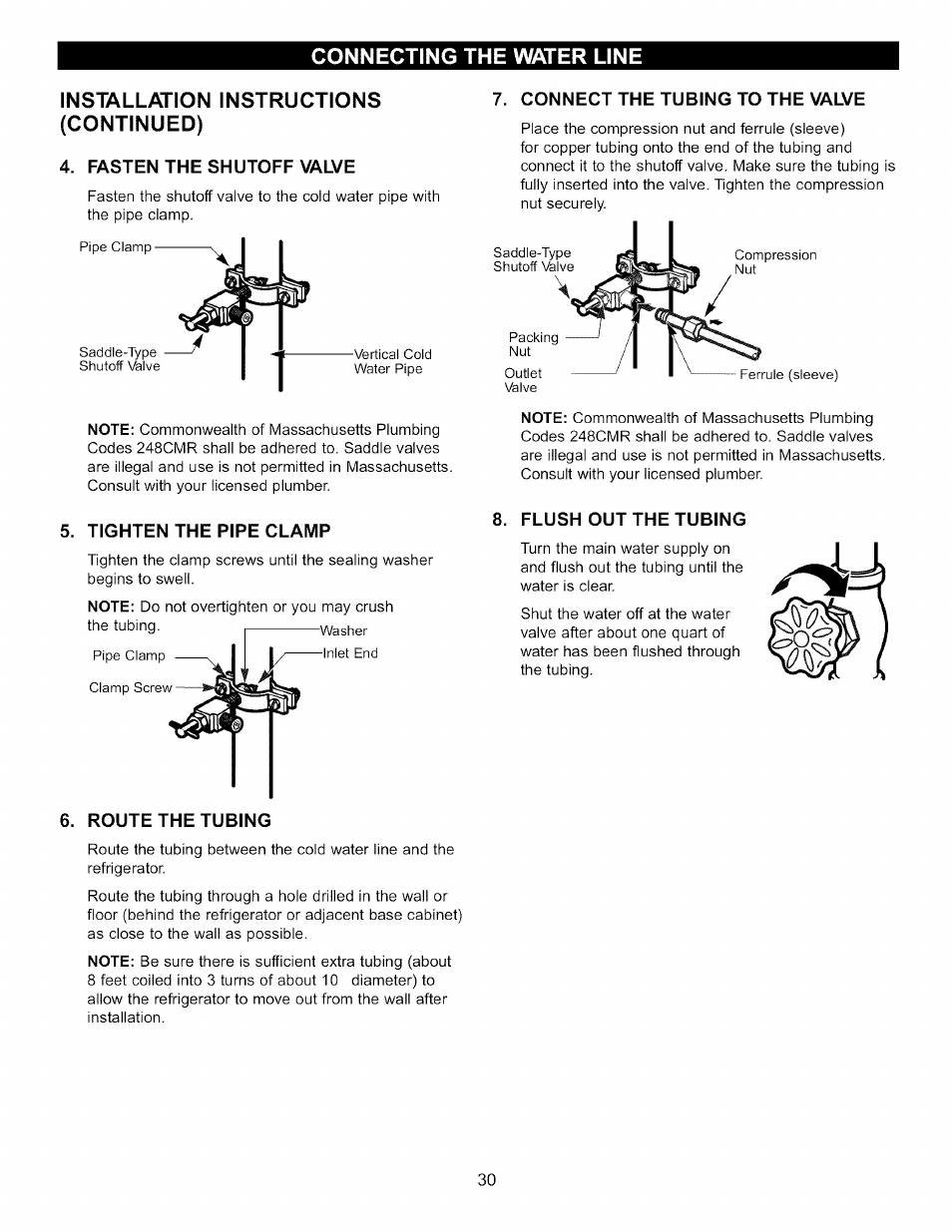 Installation instructions (continued), Fasten the shutoff valve, Tighten the pipe clamp | Connect the tubing to the vmve, Flush out the tubing | LG LFC22760 User Manual | Page 30 / 35