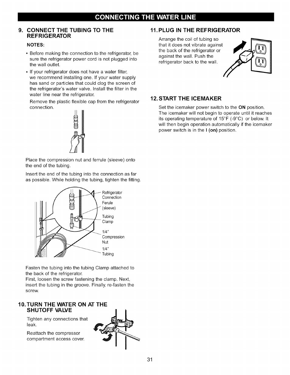 Connect the tubing to the refrigerator, Plug in the refrigerator, Start the icemaker | Turn the water on at the shutoff vauje, Vauje | LG LFC22760 User Manual | Page 31 / 35