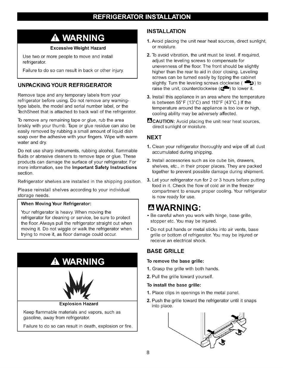 Unmckingyour refrigerator, Ijsjstallation, Next | Base grille, A warning, Warning | LG LFC22760 User Manual | Page 8 / 35