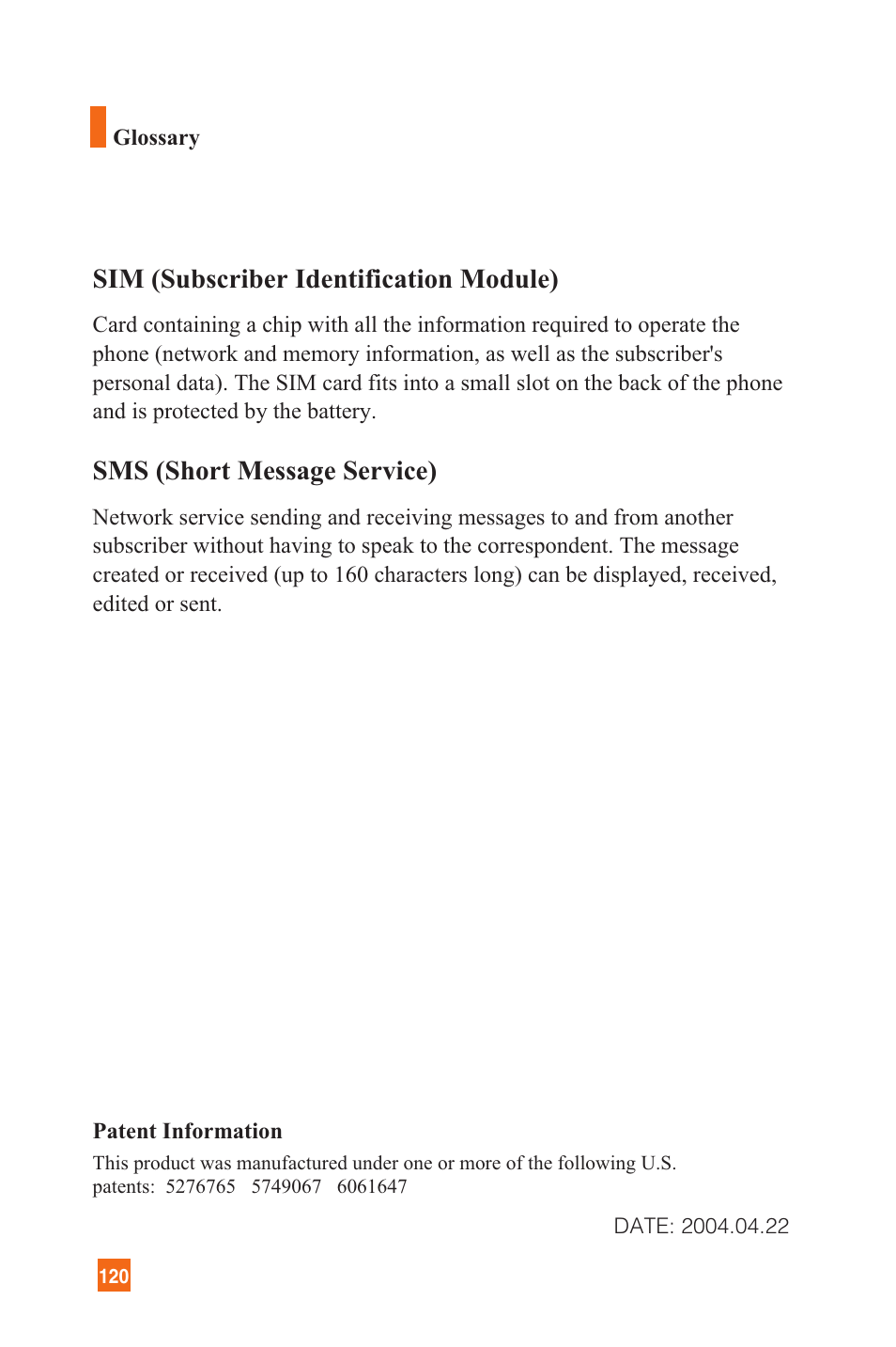 Sim (subscriber identification module), Sms (short message service) | LG C1300 User Manual | Page 123 / 134