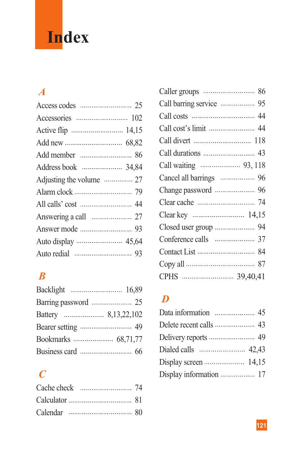 Index | LG C1300 User Manual | Page 124 / 134