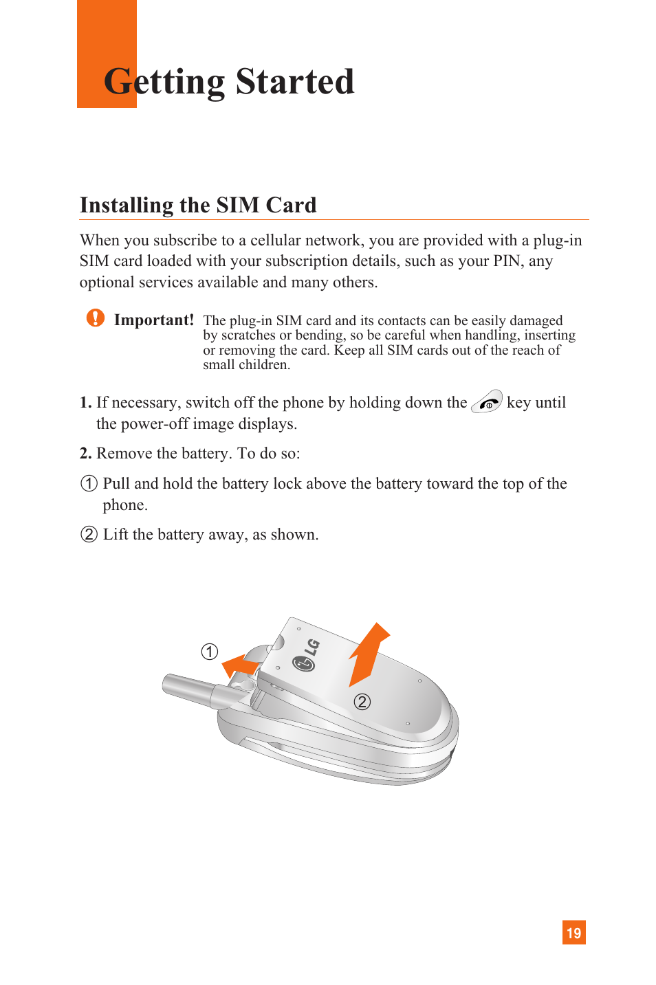 Getting started, Installing the sim card | LG C1300 User Manual | Page 22 / 134