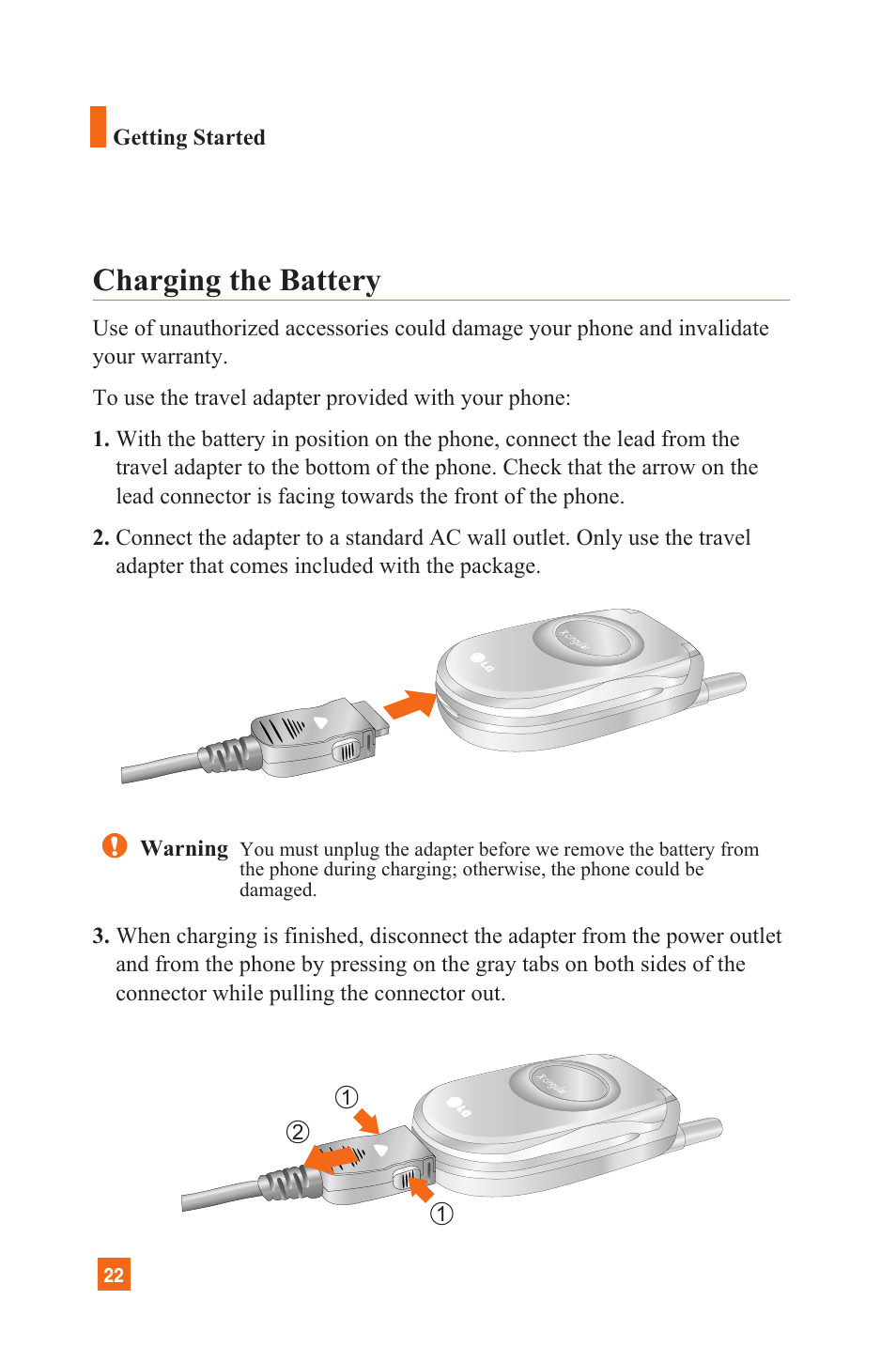 Charging the battery | LG C1300 User Manual | Page 25 / 134