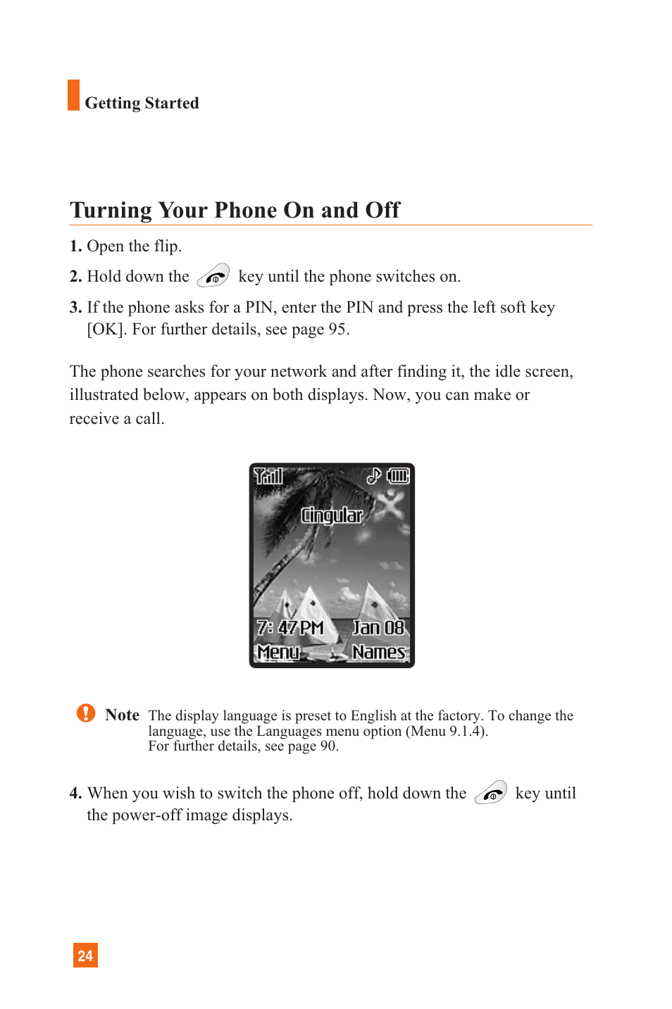 Turning your phone on and off | LG C1300 User Manual | Page 27 / 134
