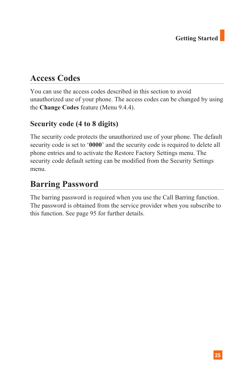 Access codes, Barring password | LG C1300 User Manual | Page 28 / 134