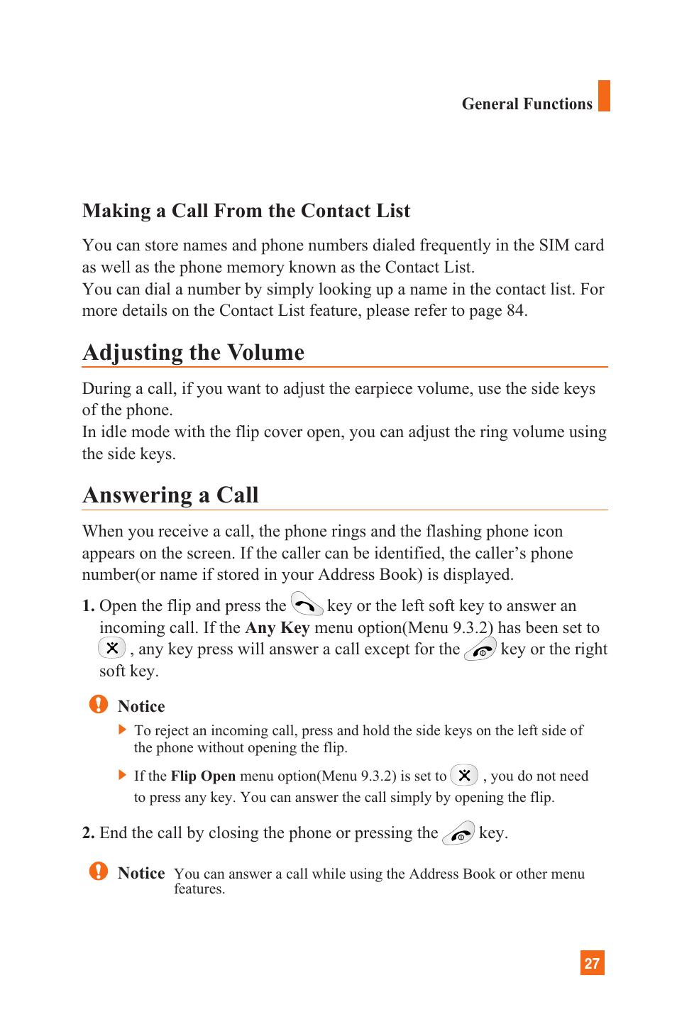 Adjusting the volume, Answering a call, Making a call from the contact list | LG C1300 User Manual | Page 30 / 134