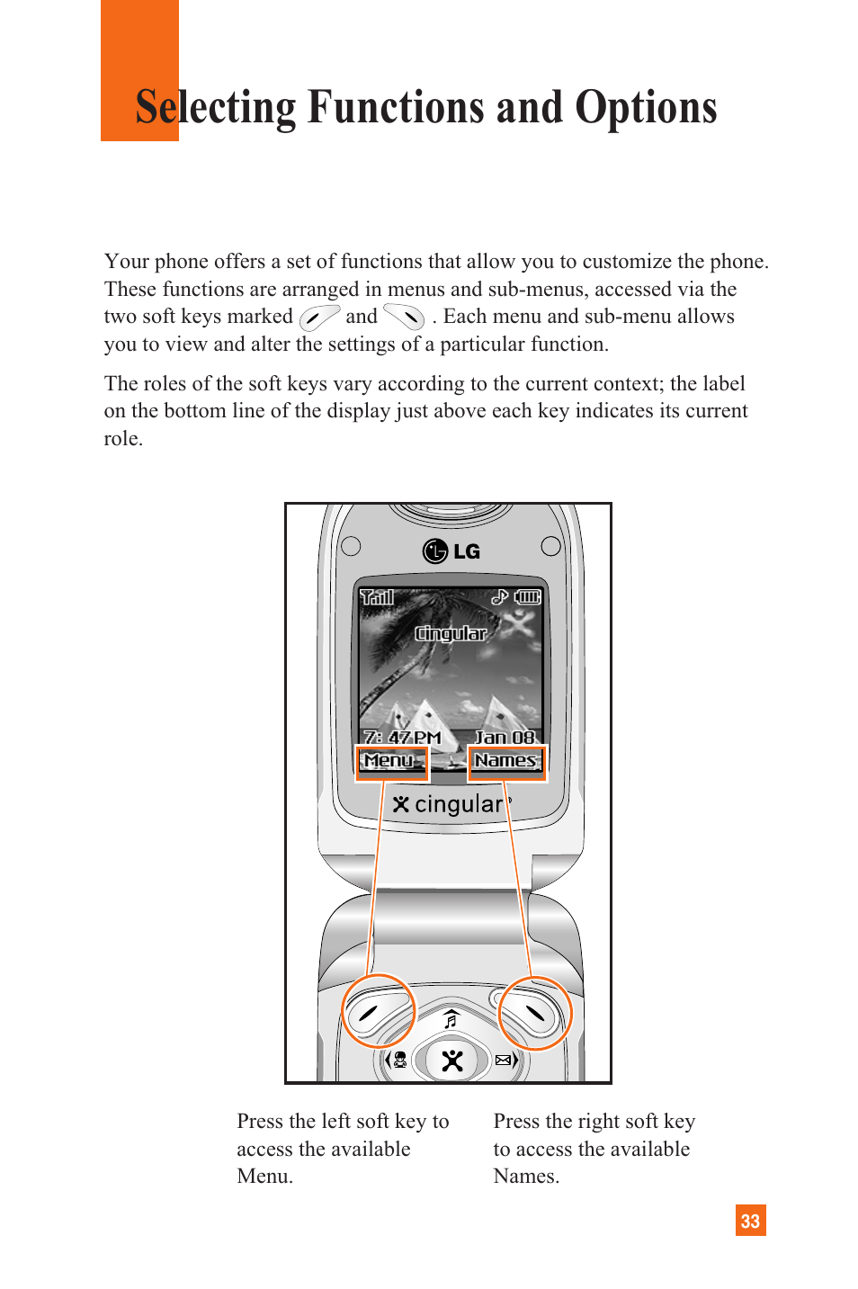 Selecting functions and options | LG C1300 User Manual | Page 36 / 134
