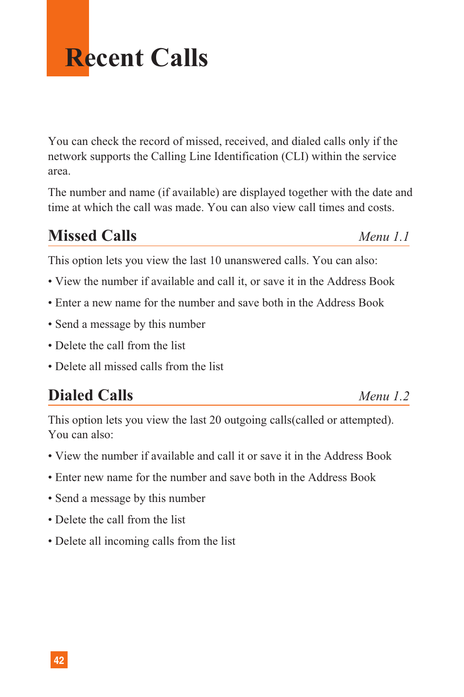 Recent calls, Missed calls, Dialed calls | LG C1300 User Manual | Page 45 / 134