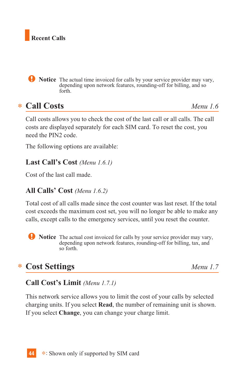 Call costs, Cost settings | LG C1300 User Manual | Page 47 / 134