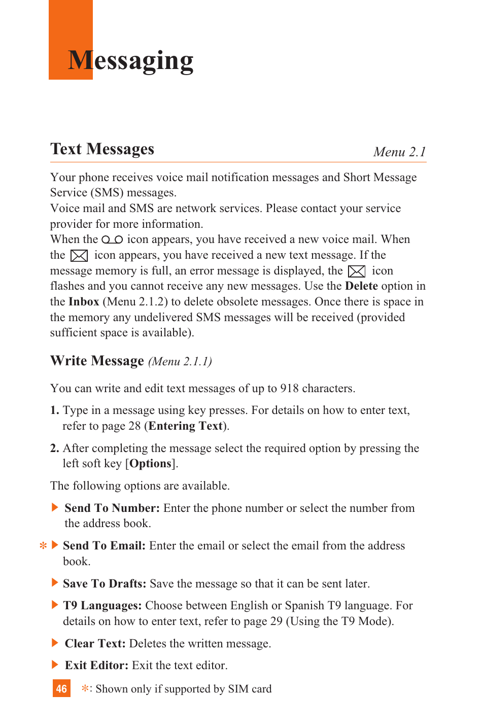 Messaging, Text messages | LG C1300 User Manual | Page 49 / 134