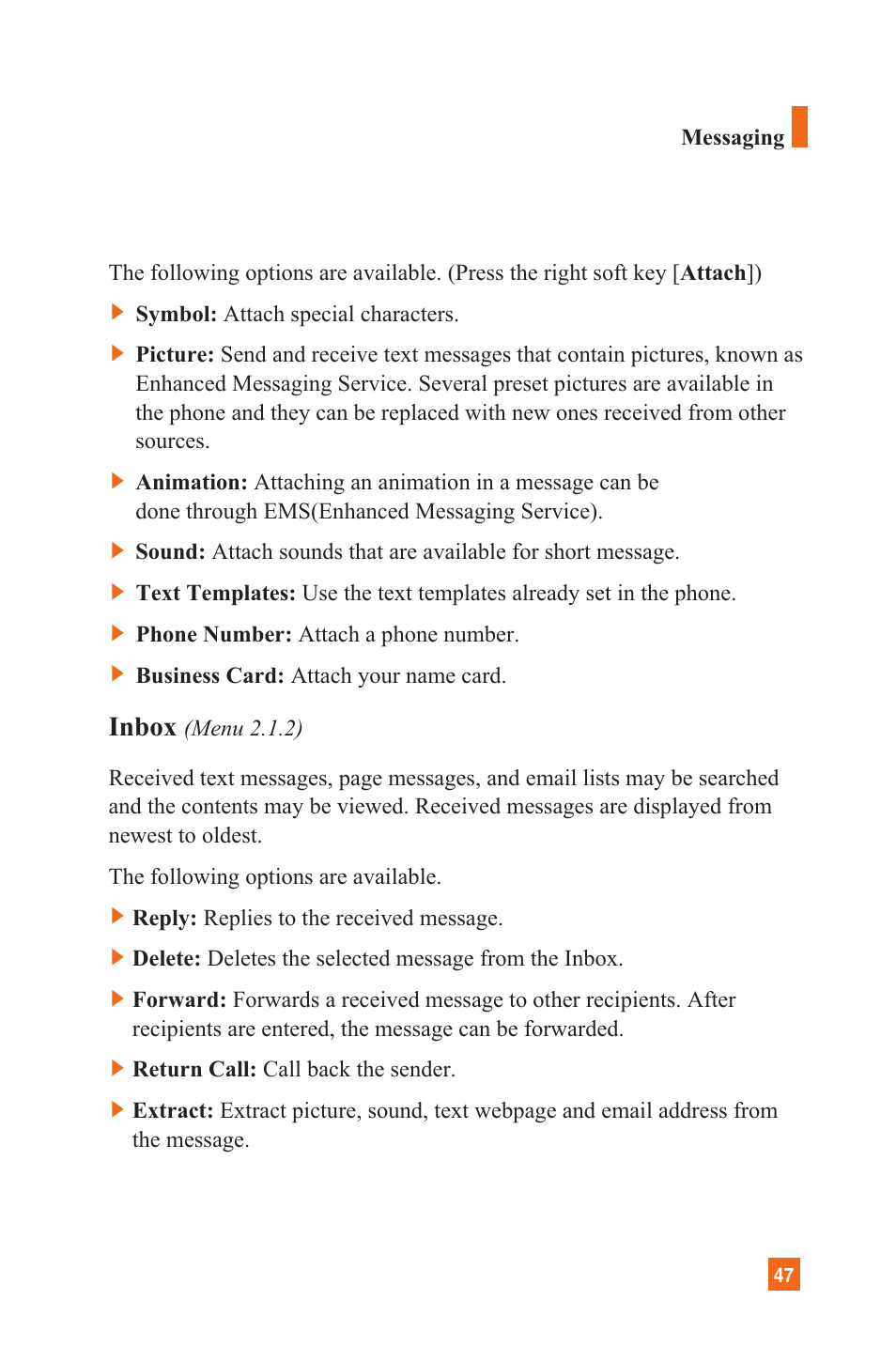 Inbox | LG C1300 User Manual | Page 50 / 134