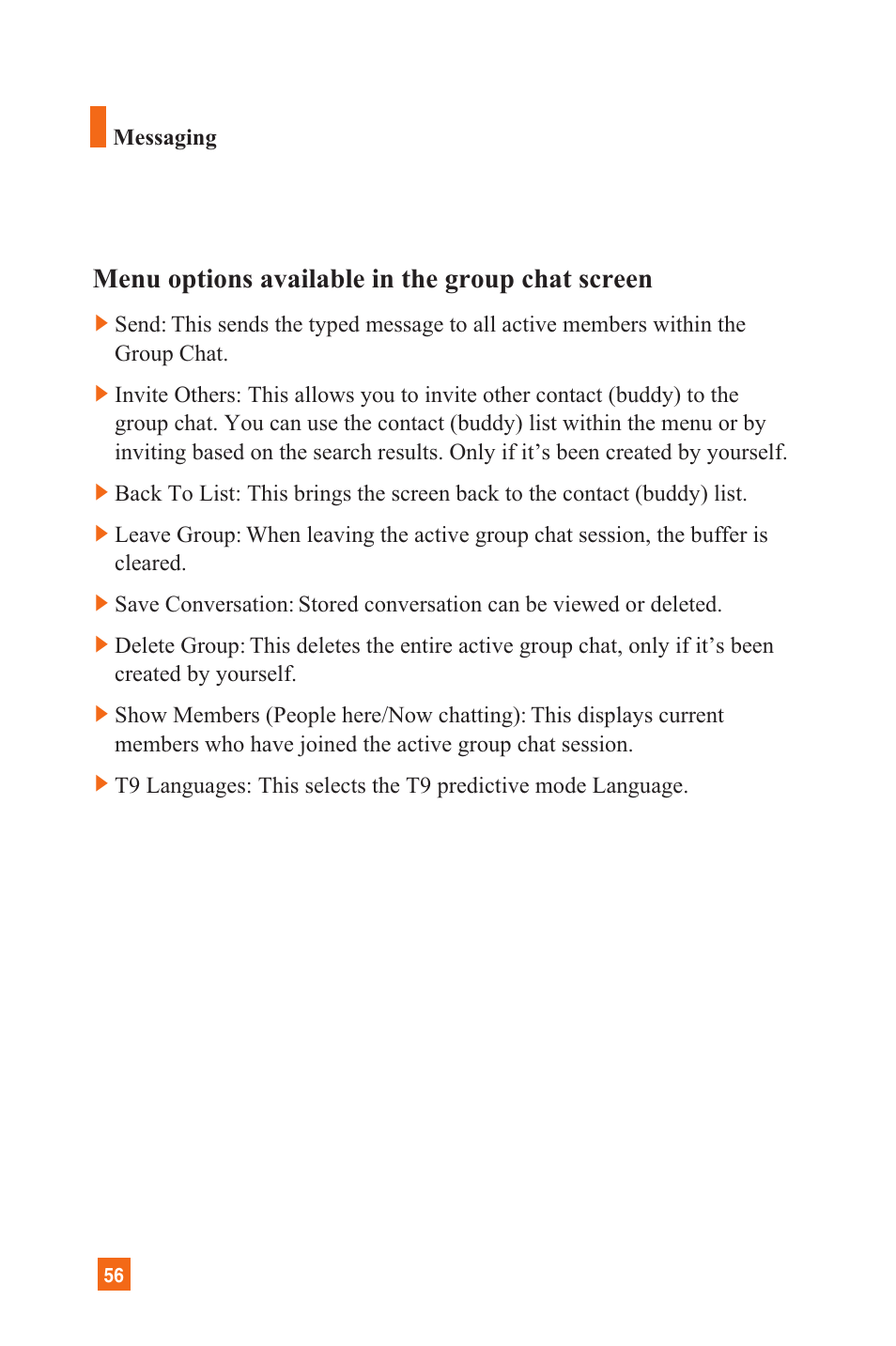 Menu options available in the group chat screen | LG C1300 User Manual | Page 59 / 134
