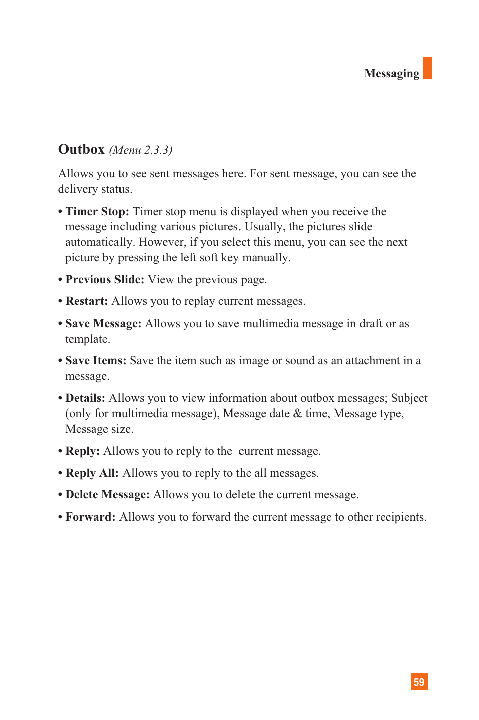 Outbox | LG C1300 User Manual | Page 62 / 134
