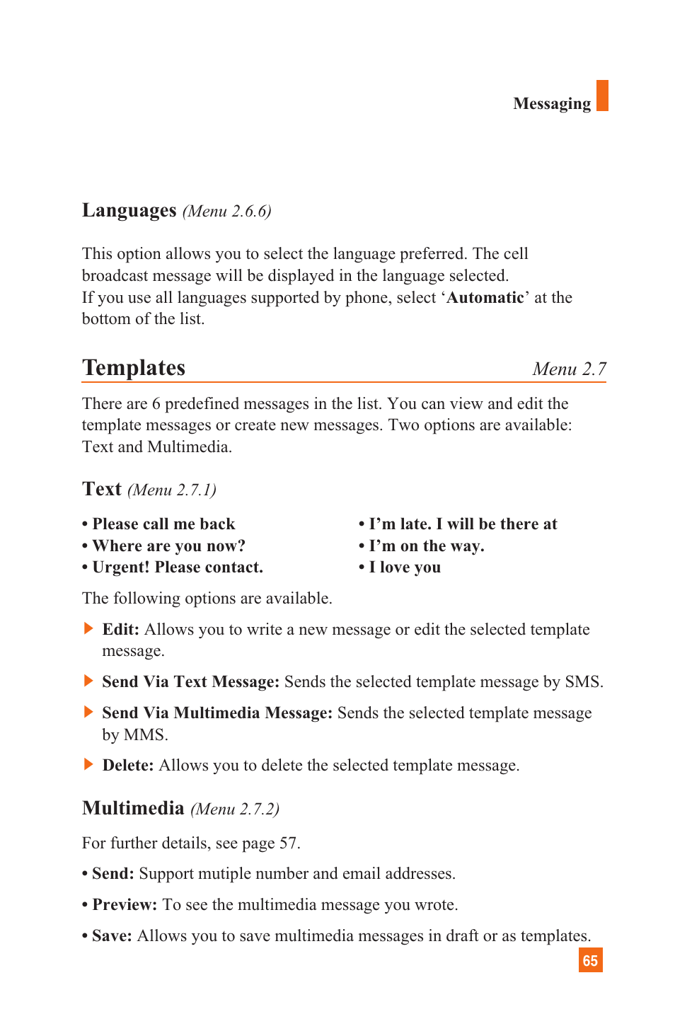 Templates, Languages, Text | Multimedia | LG C1300 User Manual | Page 68 / 134