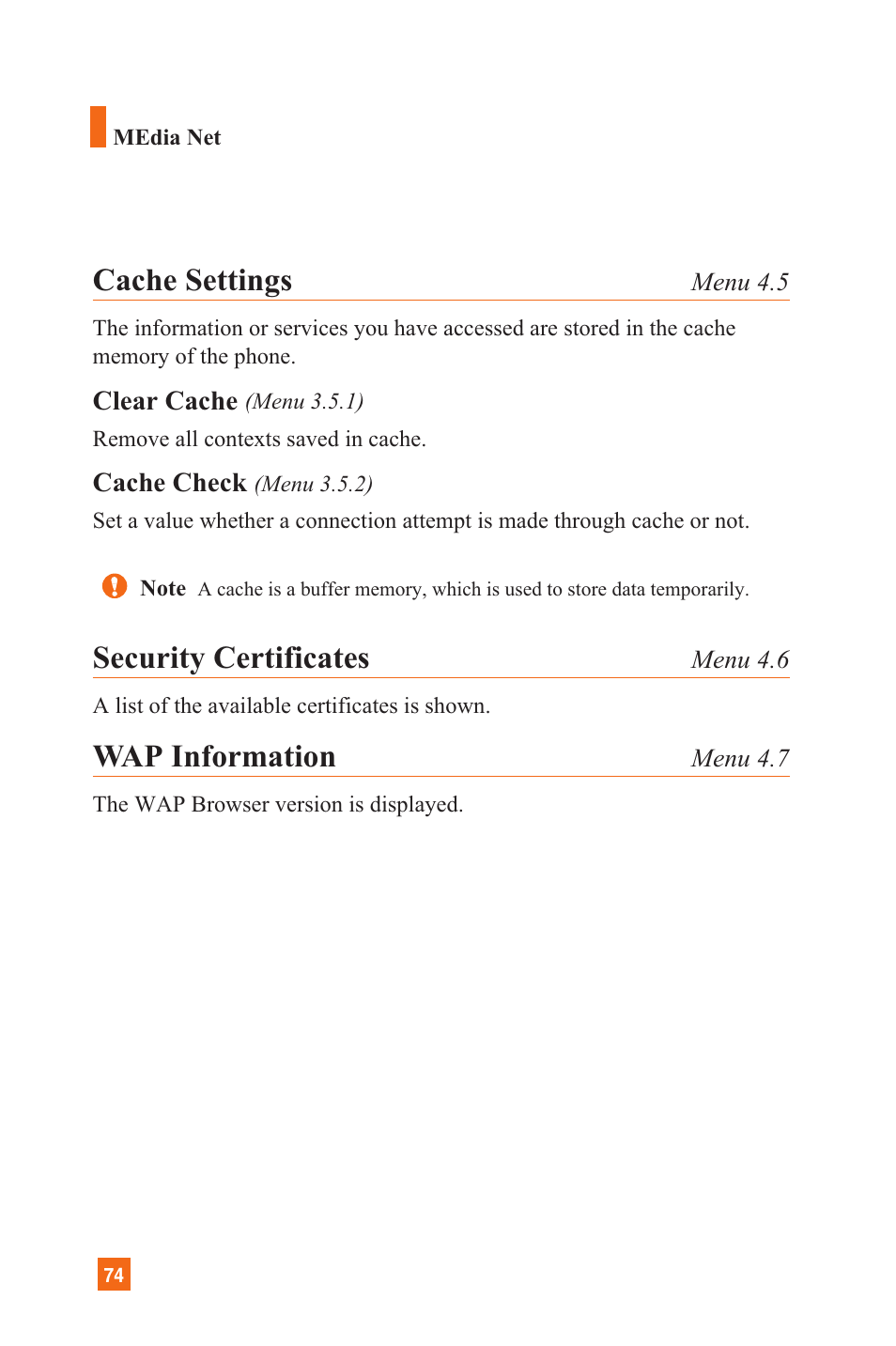 Cache settings, Security certificates, Wap information | LG C1300 User Manual | Page 77 / 134