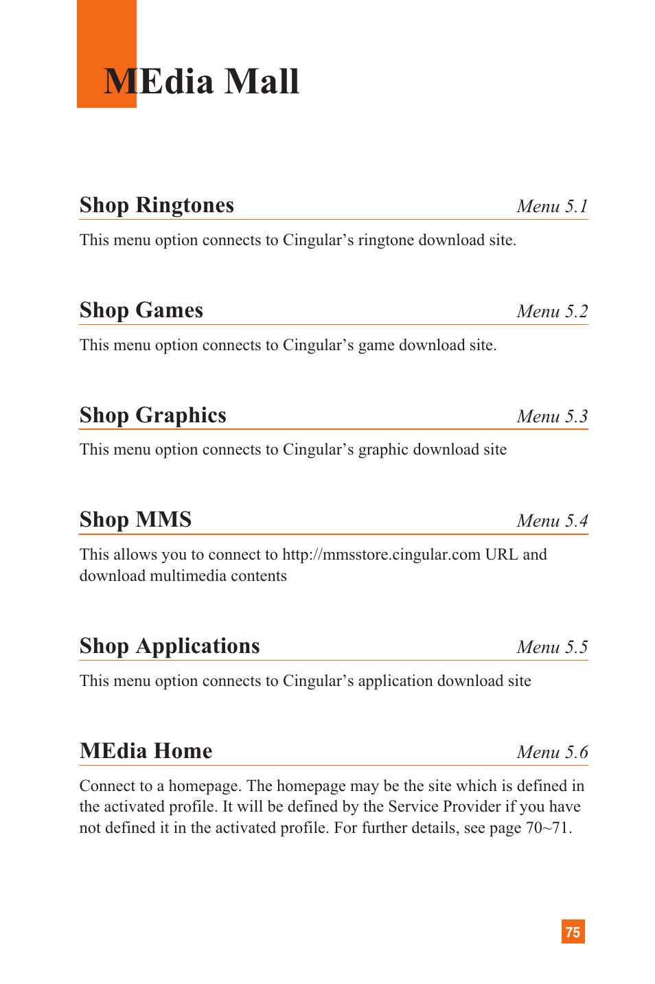 Media mall, Shop ringtones, Shop games | Shop graphics, Shop mms, Shop applications, Media home | LG C1300 User Manual | Page 78 / 134
