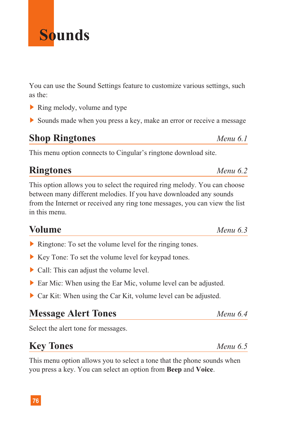 Sounds, Shop ringtones, Ringtones | Volume, Message alert tones, Key tones | LG C1300 User Manual | Page 79 / 134