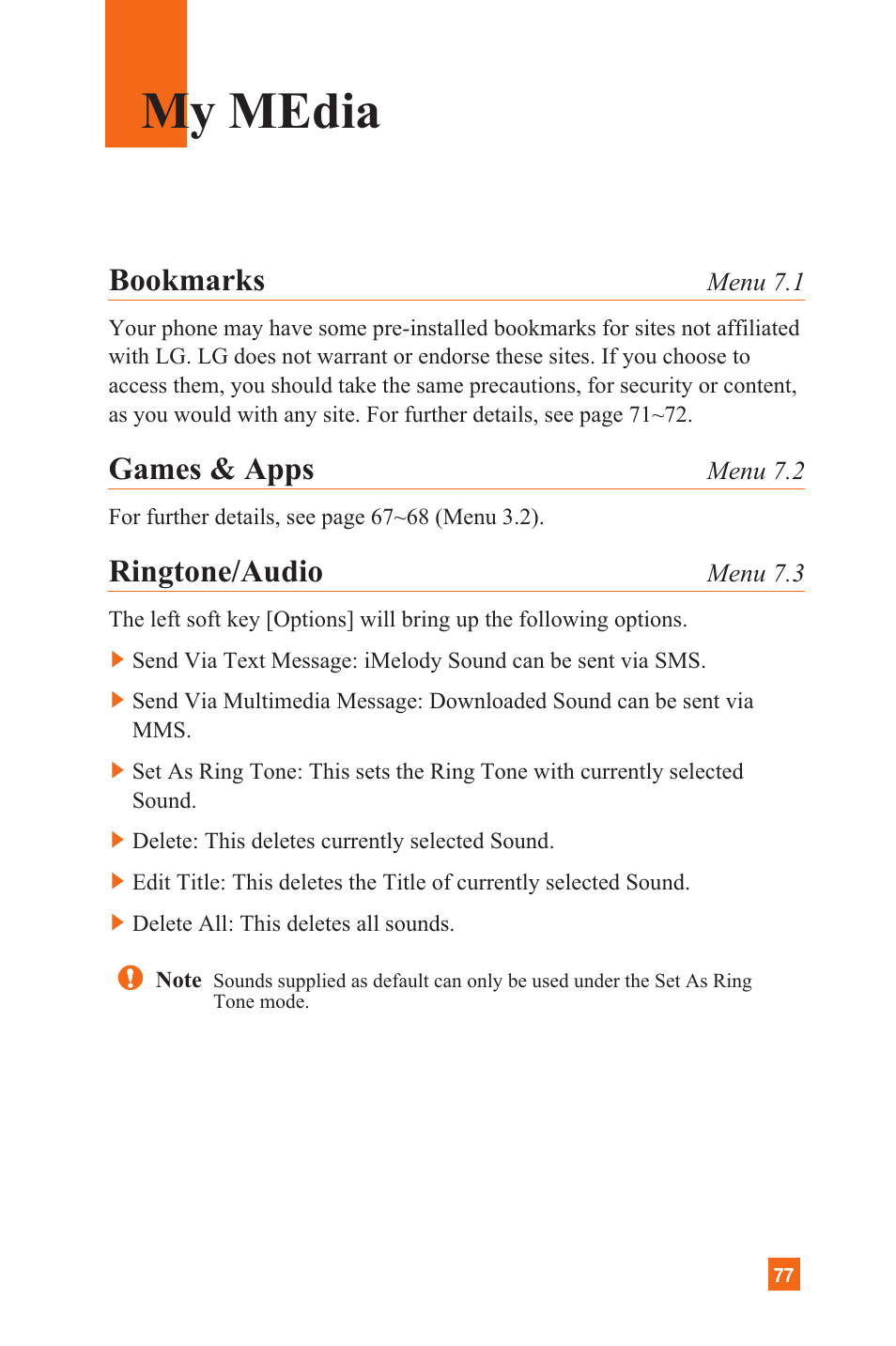 My media, Bookmarks, Games & apps | Ringtone/audio | LG C1300 User Manual | Page 80 / 134