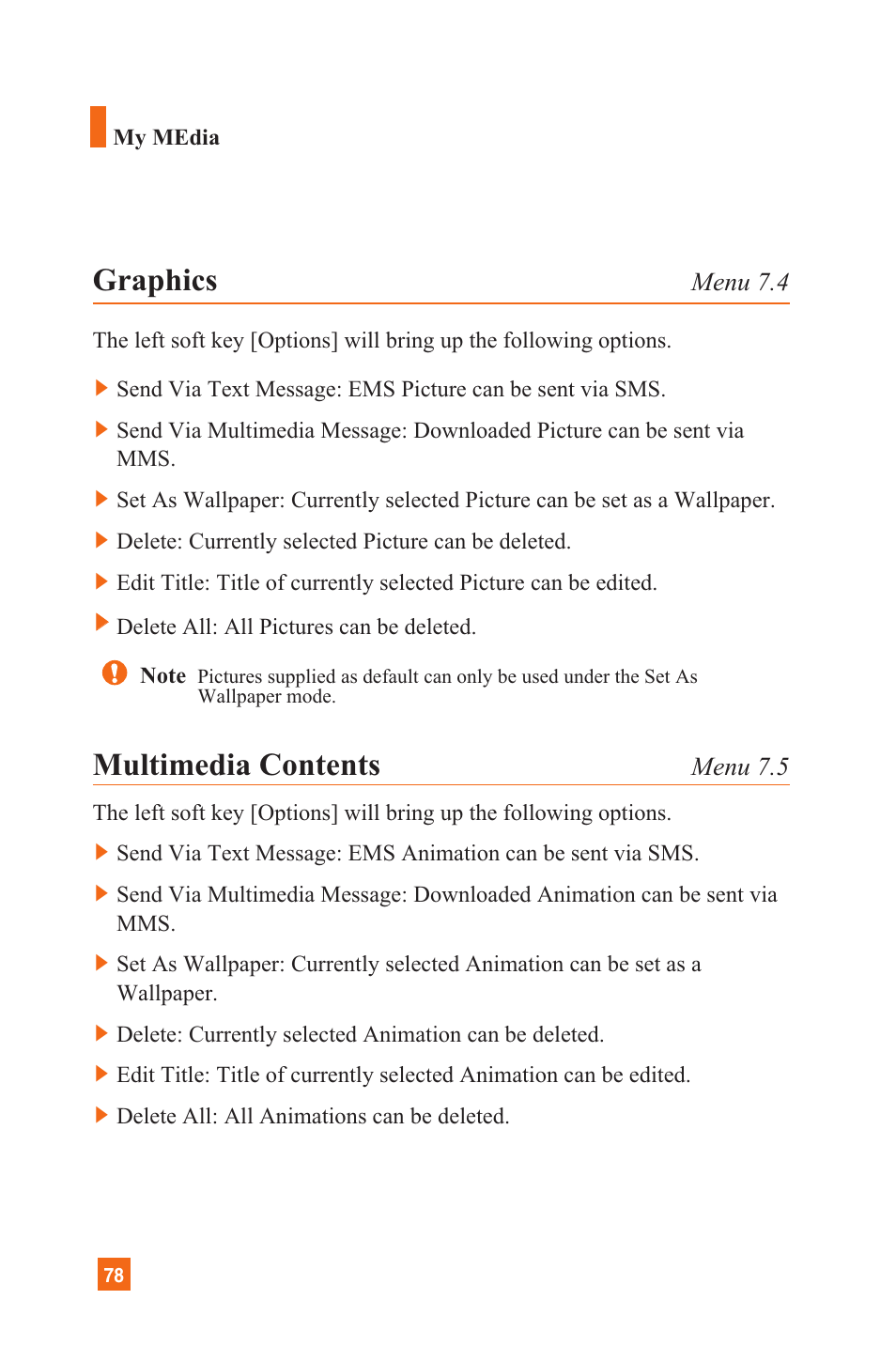 Graphics, Multimedia contents, Menu 7.4 | Menu 7.5 | LG C1300 User Manual | Page 81 / 134
