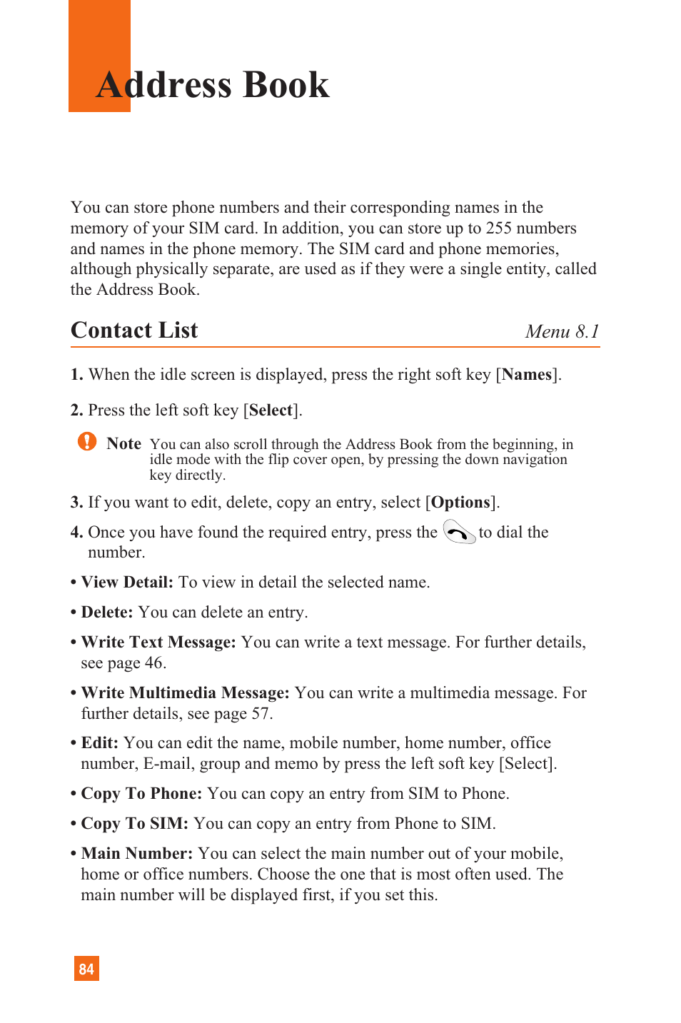 Address book, Contact list | LG C1300 User Manual | Page 87 / 134