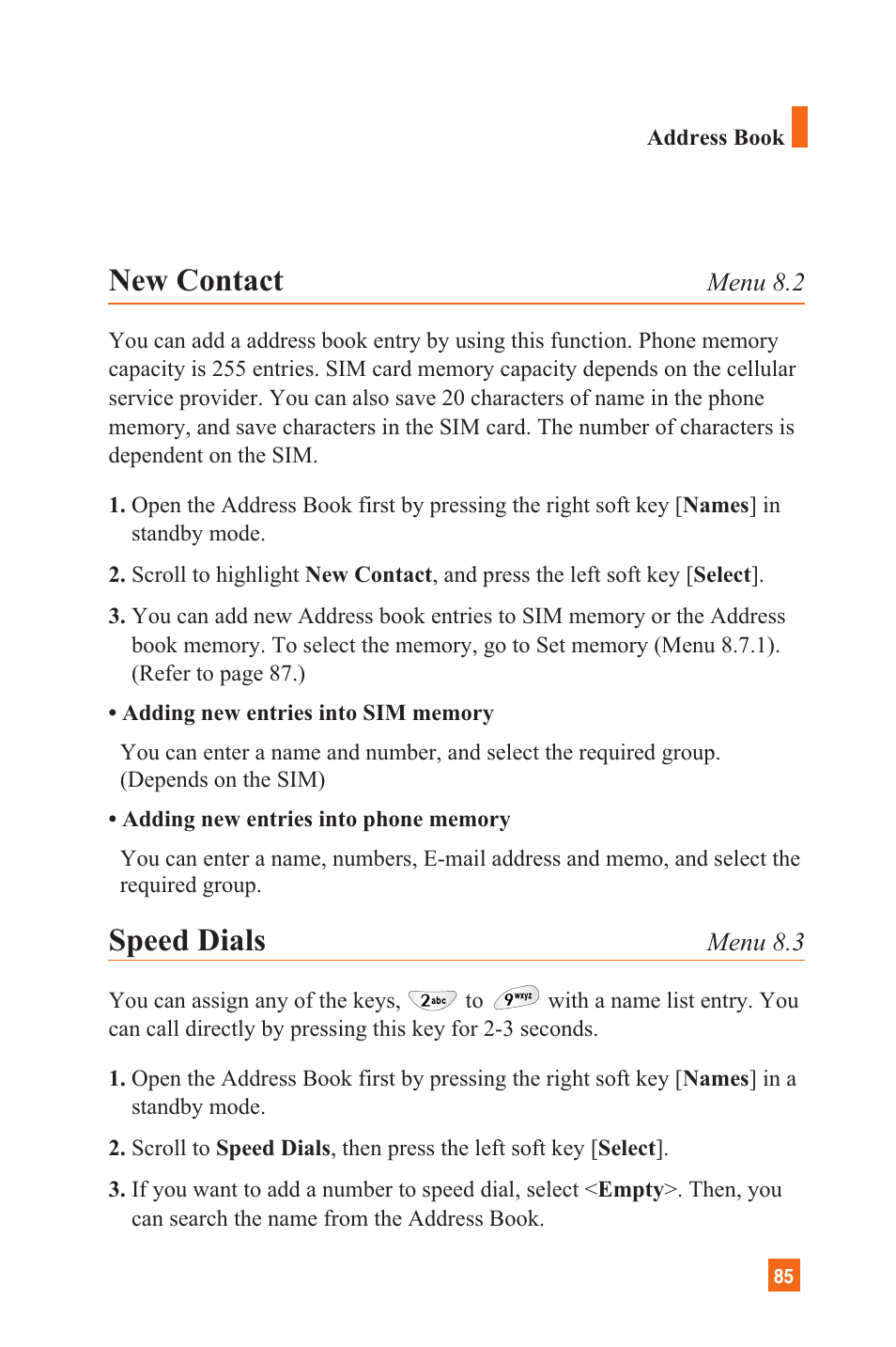 New contact, Speed dials | LG C1300 User Manual | Page 88 / 134