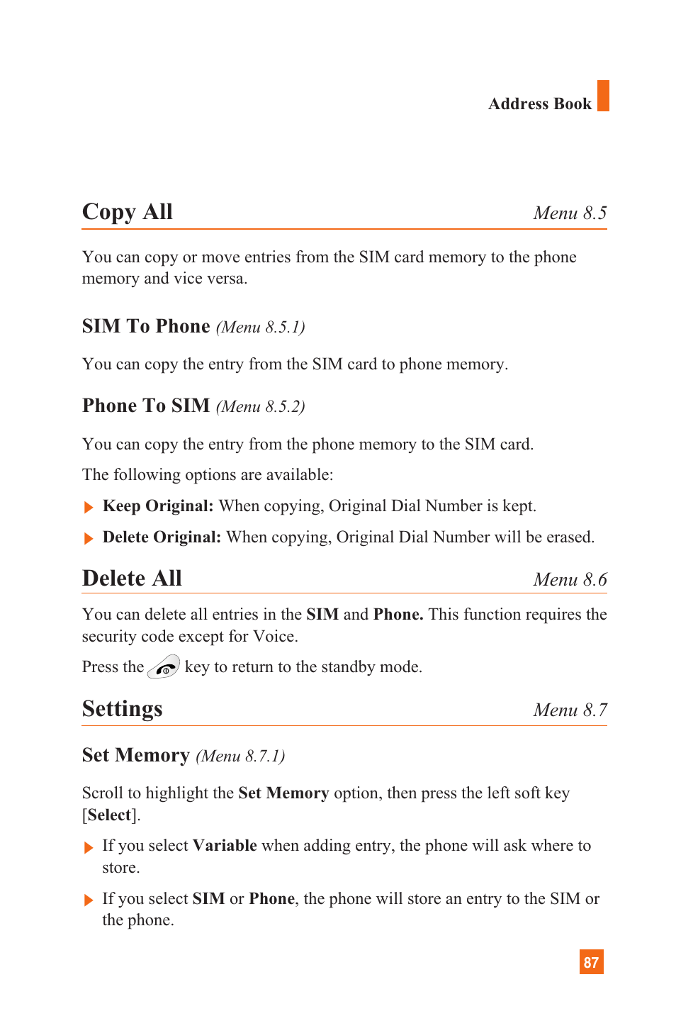 Copy all, Delete all, Settings | LG C1300 User Manual | Page 90 / 134