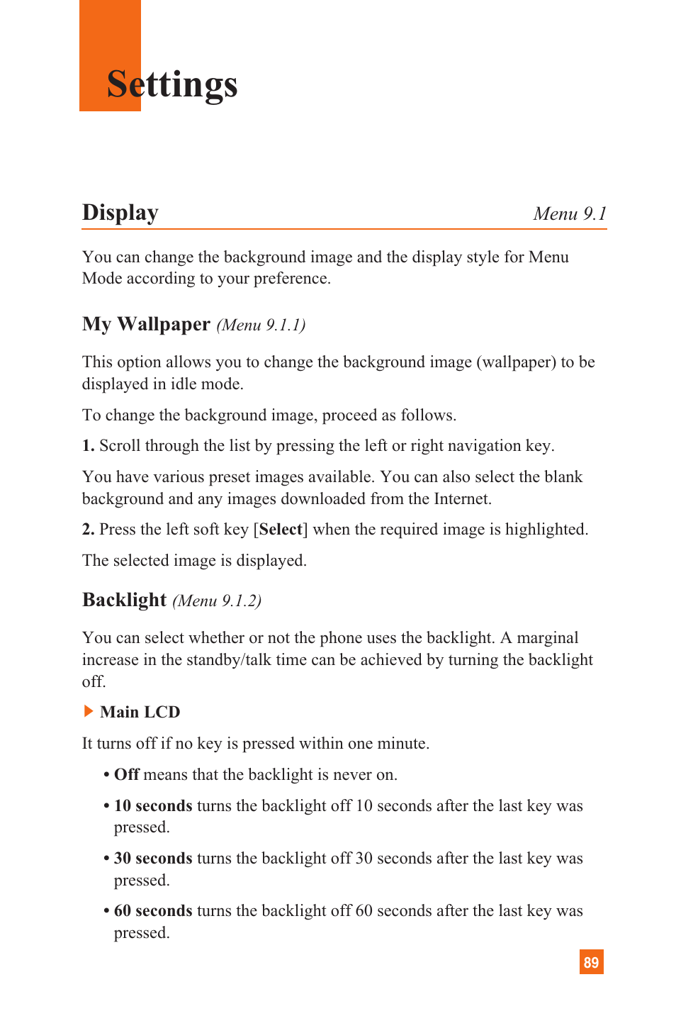 Settings, Display | LG C1300 User Manual | Page 92 / 134