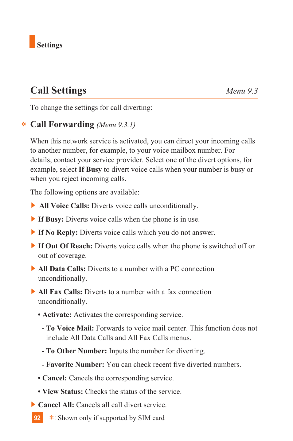 Call settings, Call forwarding | LG C1300 User Manual | Page 95 / 134