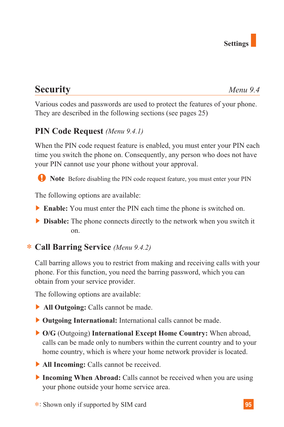 Security, Pin code request, Call barring service | LG C1300 User Manual | Page 98 / 134