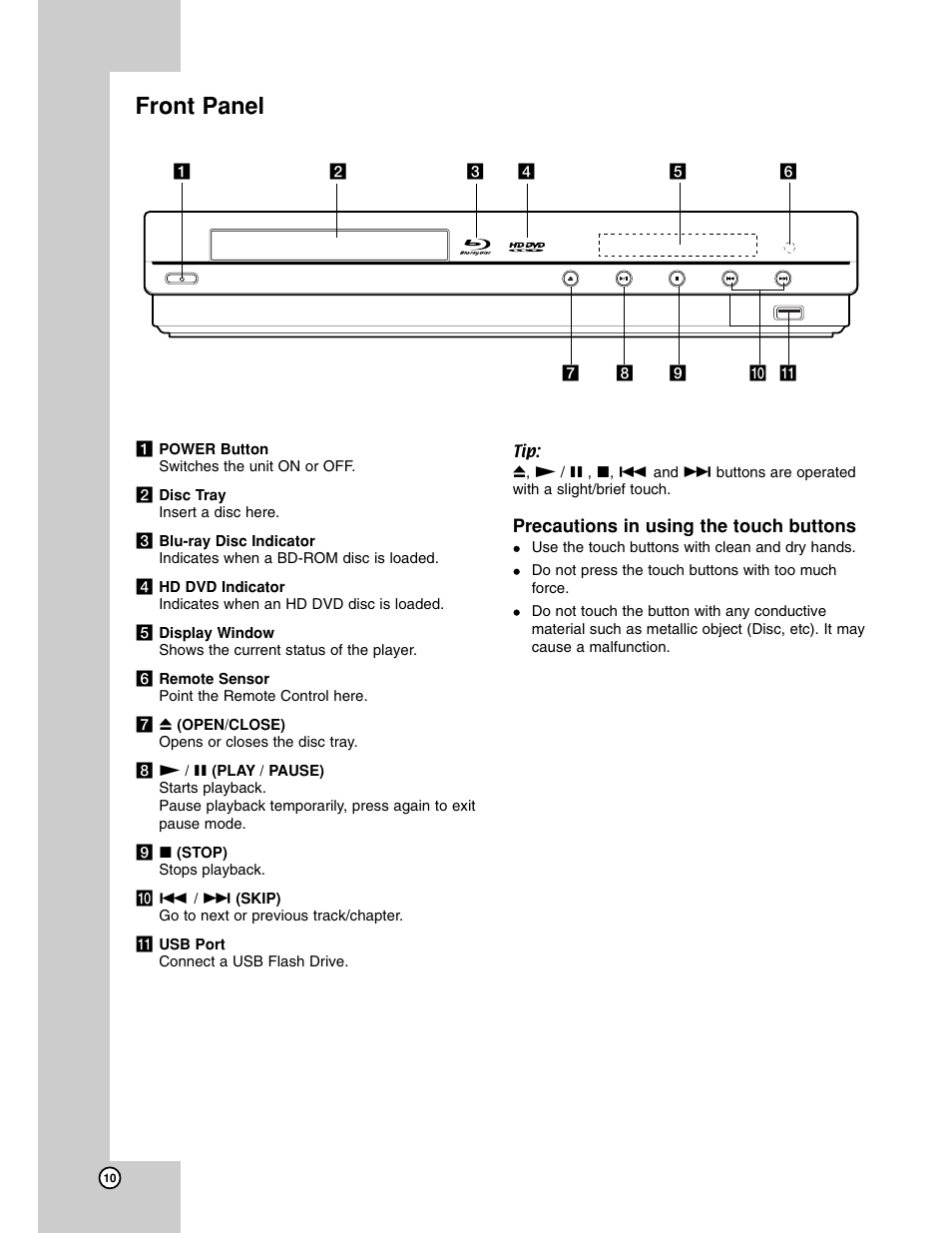 Parts & controls, Front panel | LG BH200 User Manual | Page 10 / 41