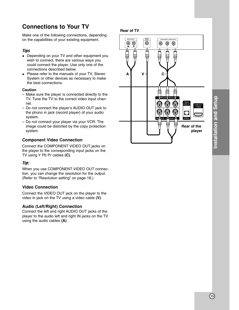 Output to tv, Connections to your tv, Installation and setup | Component video connection, Video connection, Audio (left/right) connection | LG BH200 User Manual | Page 15 / 41