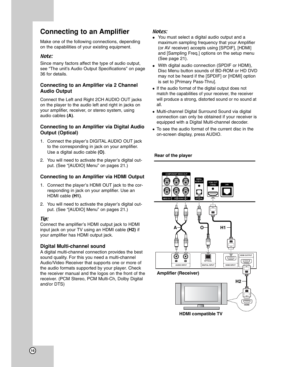 Audio out, Connecting to an amplifier | LG BH200 User Manual | Page 16 / 41