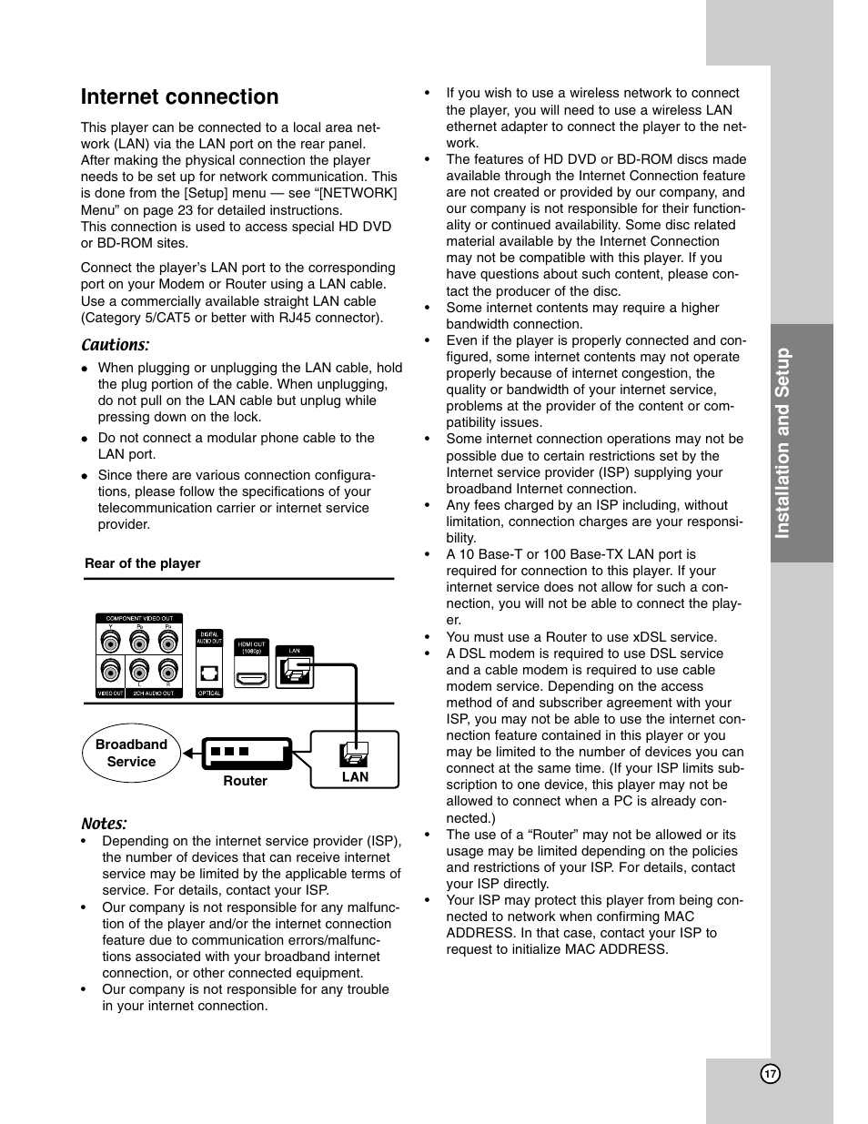Internet connection, Installation and setup | LG BH200 User Manual | Page 17 / 41