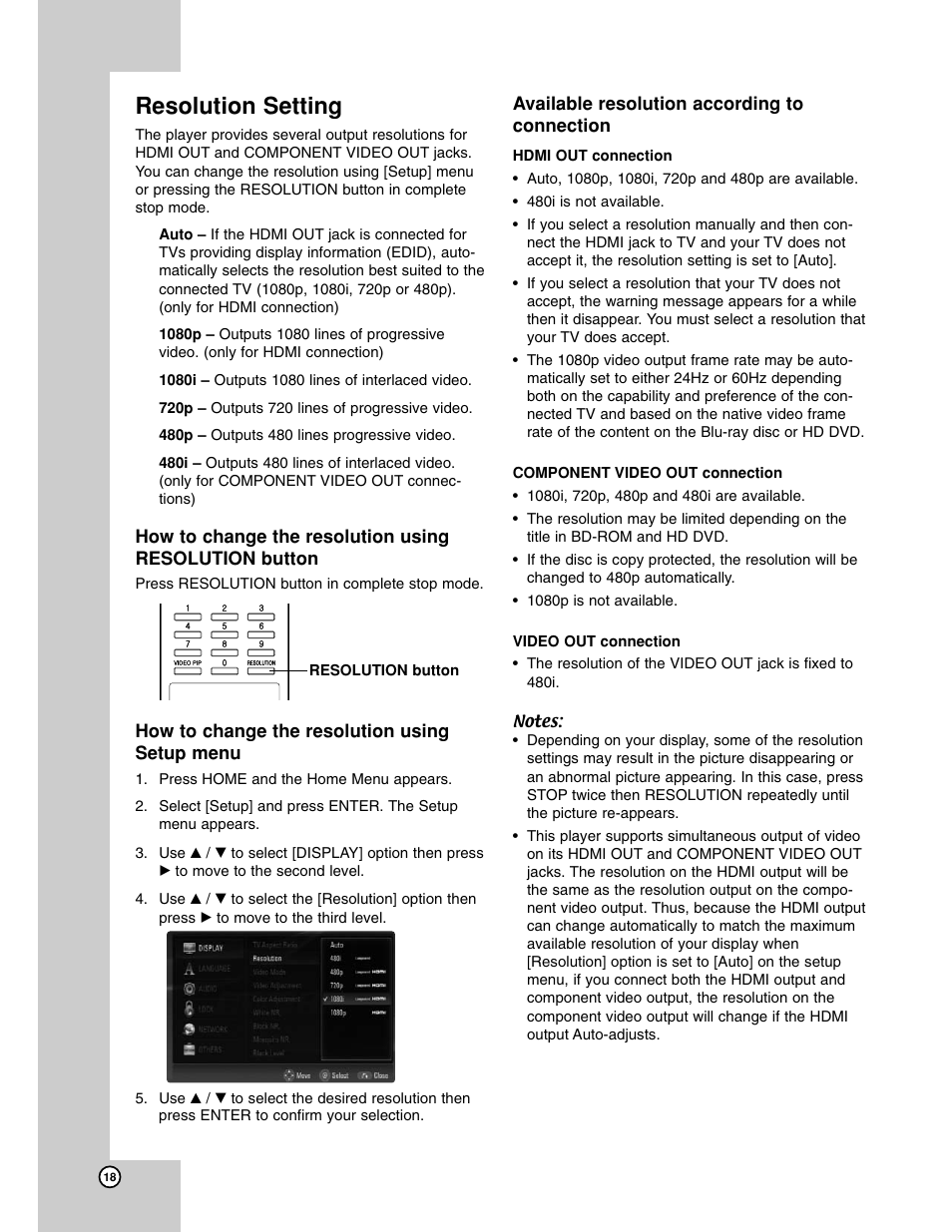 Resolution setting | LG BH200 User Manual | Page 18 / 41