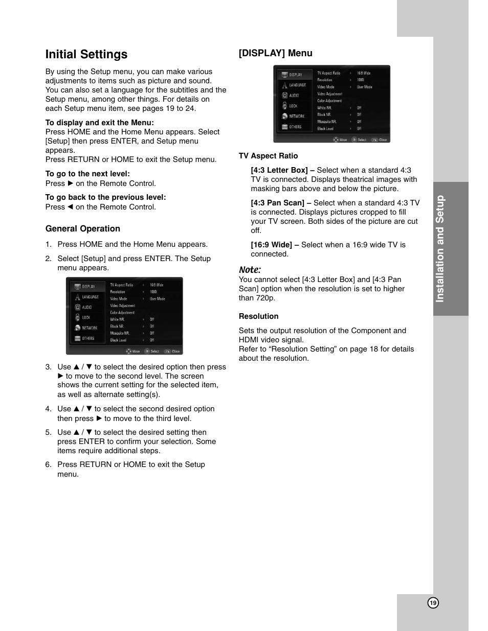 Initial settings, Navigating the menus, Display menu | Installation and setup | LG BH200 User Manual | Page 19 / 41