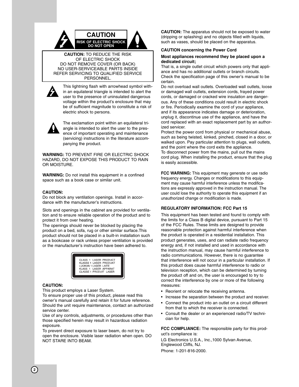 Caution | LG BH200 User Manual | Page 2 / 41