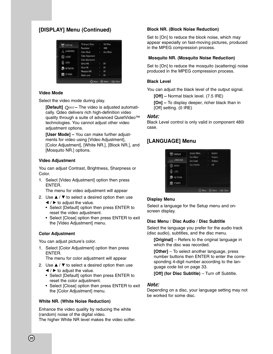 Language menu | LG BH200 User Manual | Page 20 / 41