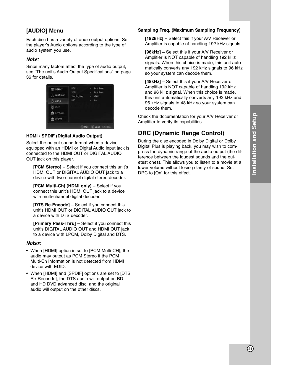 Audio menu, Installation and setup, Drc (dynamic range control) | LG BH200 User Manual | Page 21 / 41
