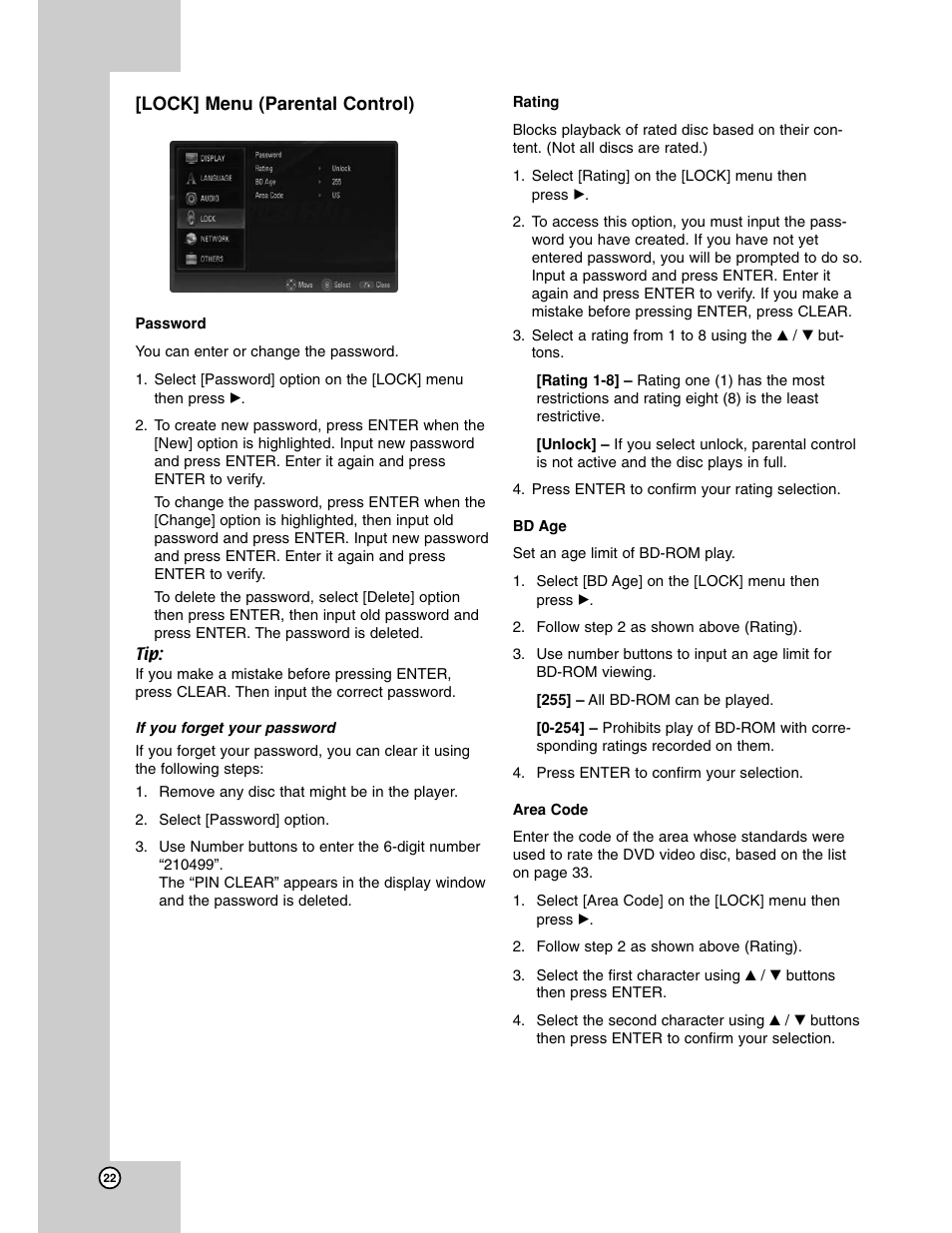 Lock menu | LG BH200 User Manual | Page 22 / 41