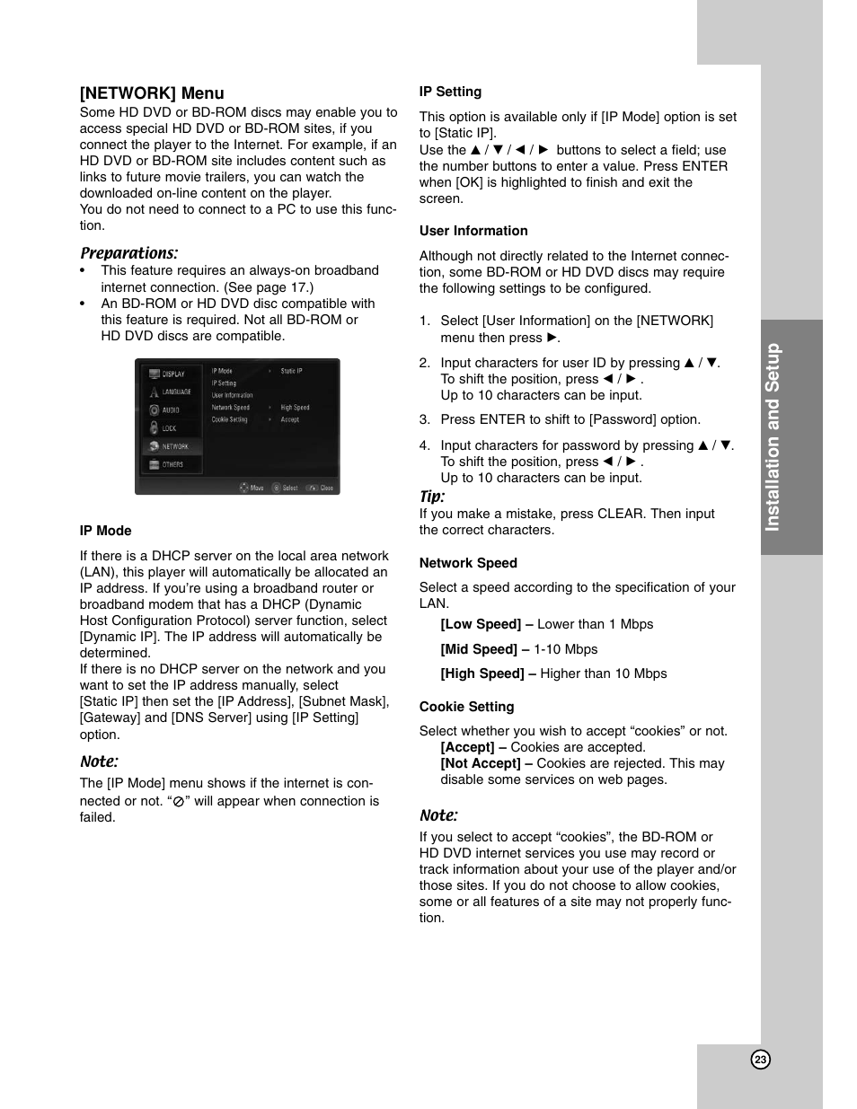 Network menu, Installation and setup | LG BH200 User Manual | Page 23 / 41