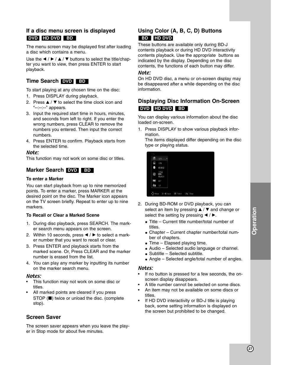 If a disc menu screen is displayed, Time search, Marker search | Screen saver, Using color (a, b, c, d) buttons, Displaying disc information on-screen, Operation | LG BH200 User Manual | Page 27 / 41