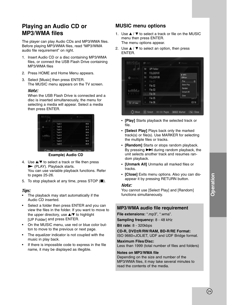 Mp3 / wma compatibility, Playing an audio cd ormp3/wma files, Music menu options | Playing an audio cd or mp3/wma files, Operation | LG BH200 User Manual | Page 29 / 41