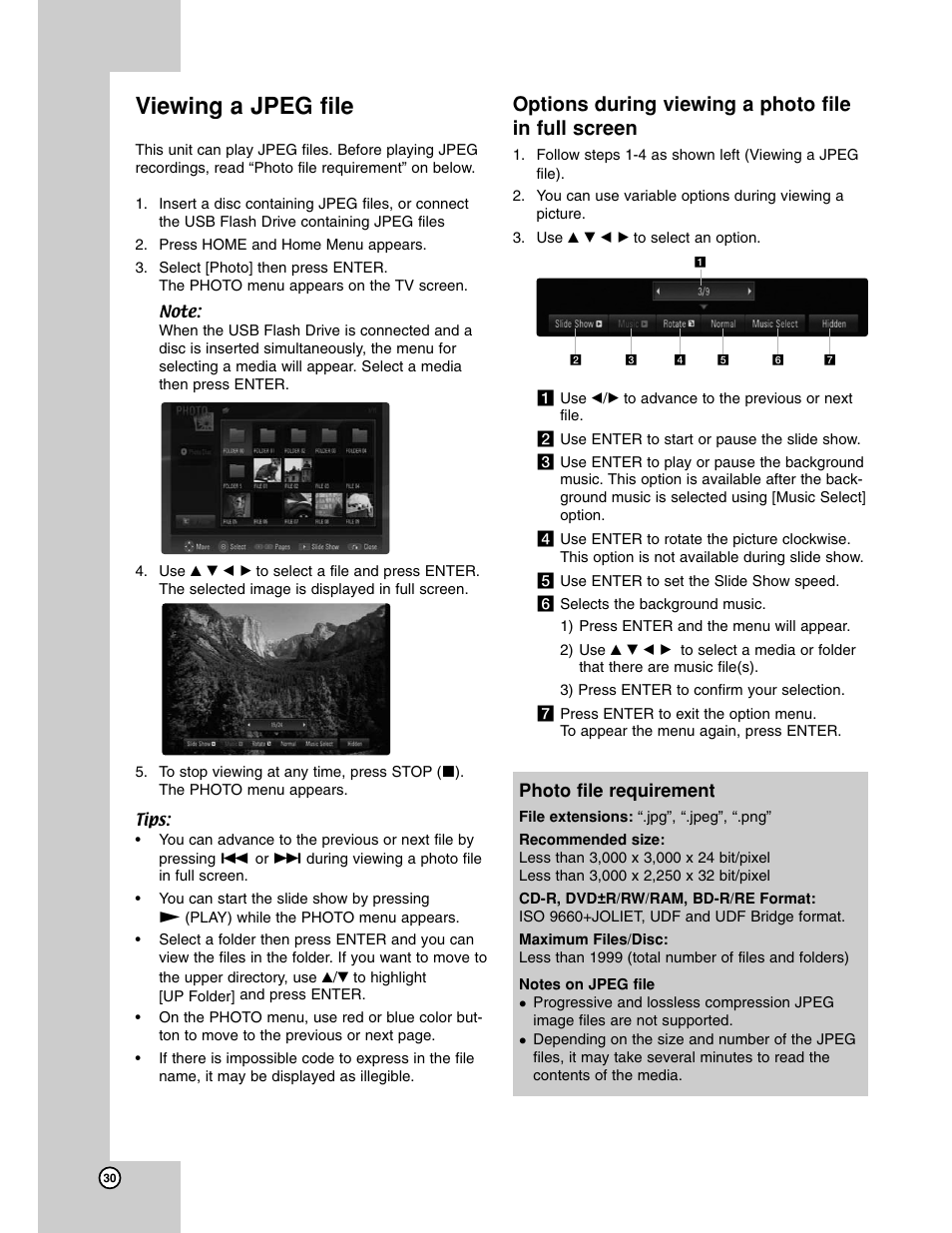 Jpeg compatibility, Viewing a jpeg file, Options during viewing a photo file in full screen | LG BH200 User Manual | Page 30 / 41