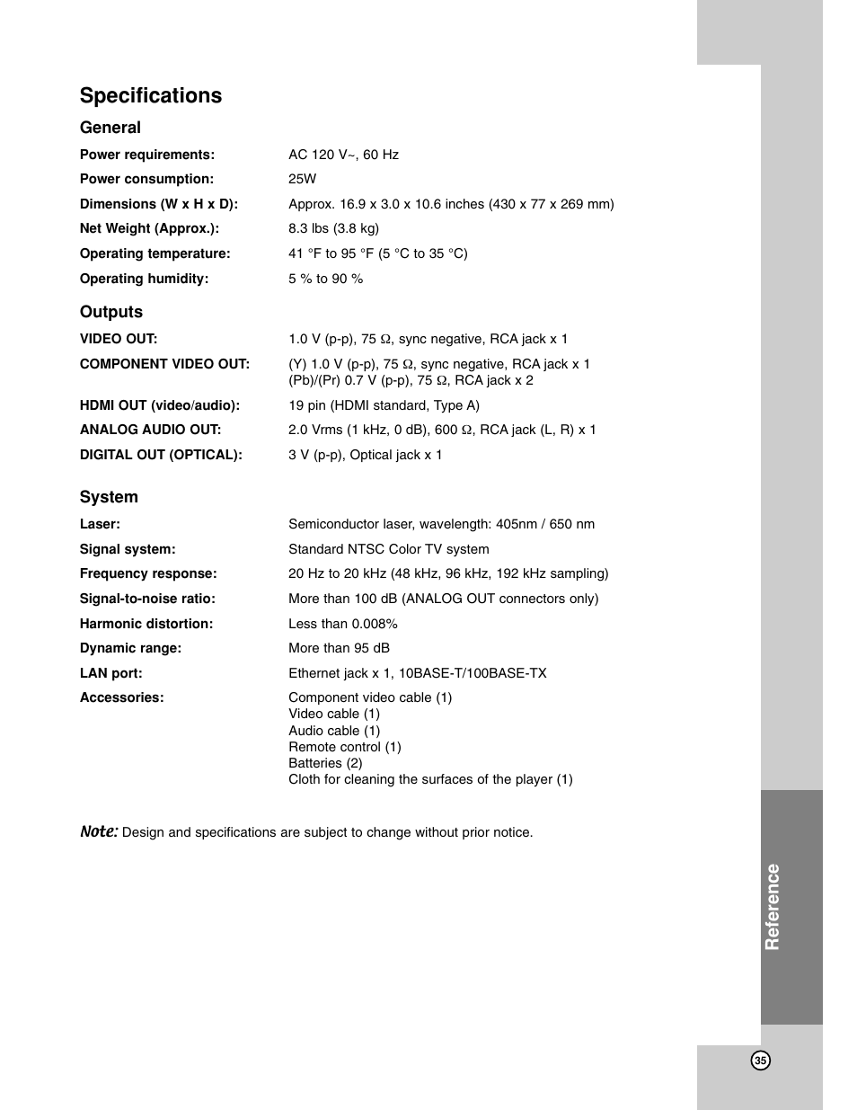 Specs, Specifications, Reference | LG BH200 User Manual | Page 35 / 41